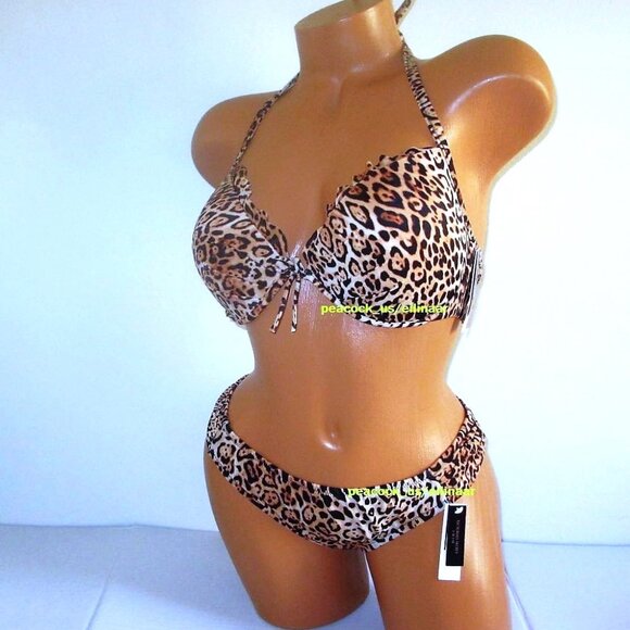 38C/XL VICTORIA SECRET Swim Push-Up Top Bikini Set Knockout Bottom Leopard ruffl - Picture 2 of 11